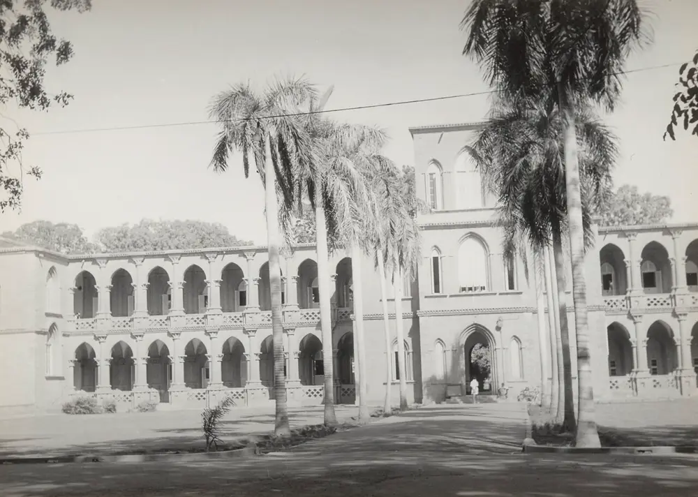 The university's main building at the end of a palm avenue, with two storeys of pointed arches